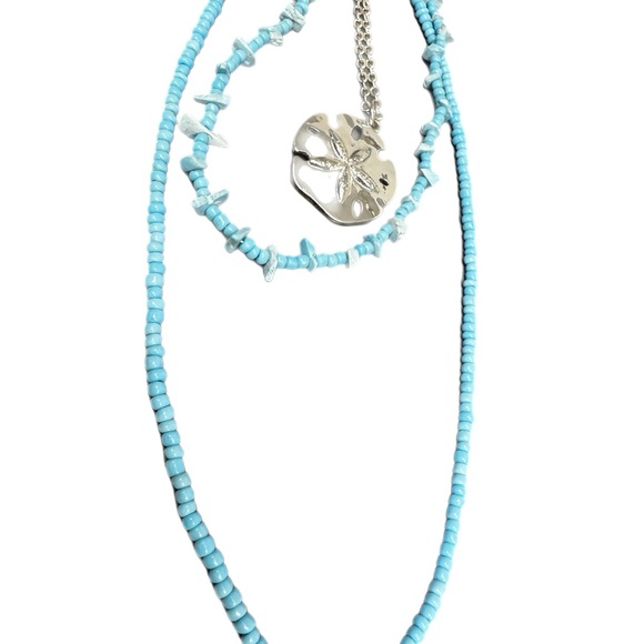 Boho Silver-Tone Sand Dollar and Turquoise Beaded Layered Necklace - Picture 5 of 5